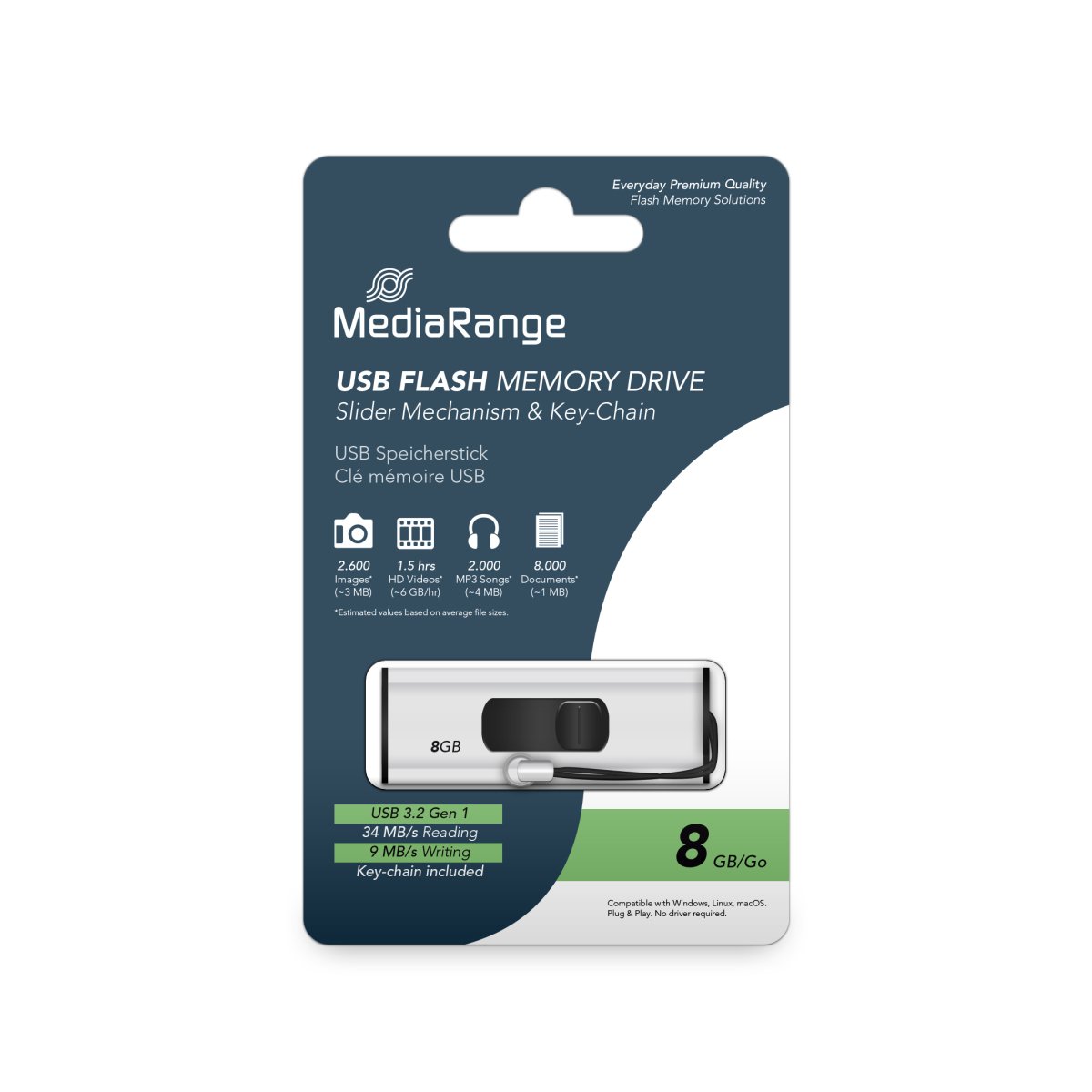 MediaRange USB 3.2 Gen 1 Flash Memory Drive with Sliding Mechanism and Key Chain, Silver/Black, 8GB