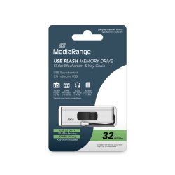 MediaRange USB 3.2 Gen 1 Flash Memory Drive with Sliding Mechanism and Key Chain, Silver/Black, 32GB