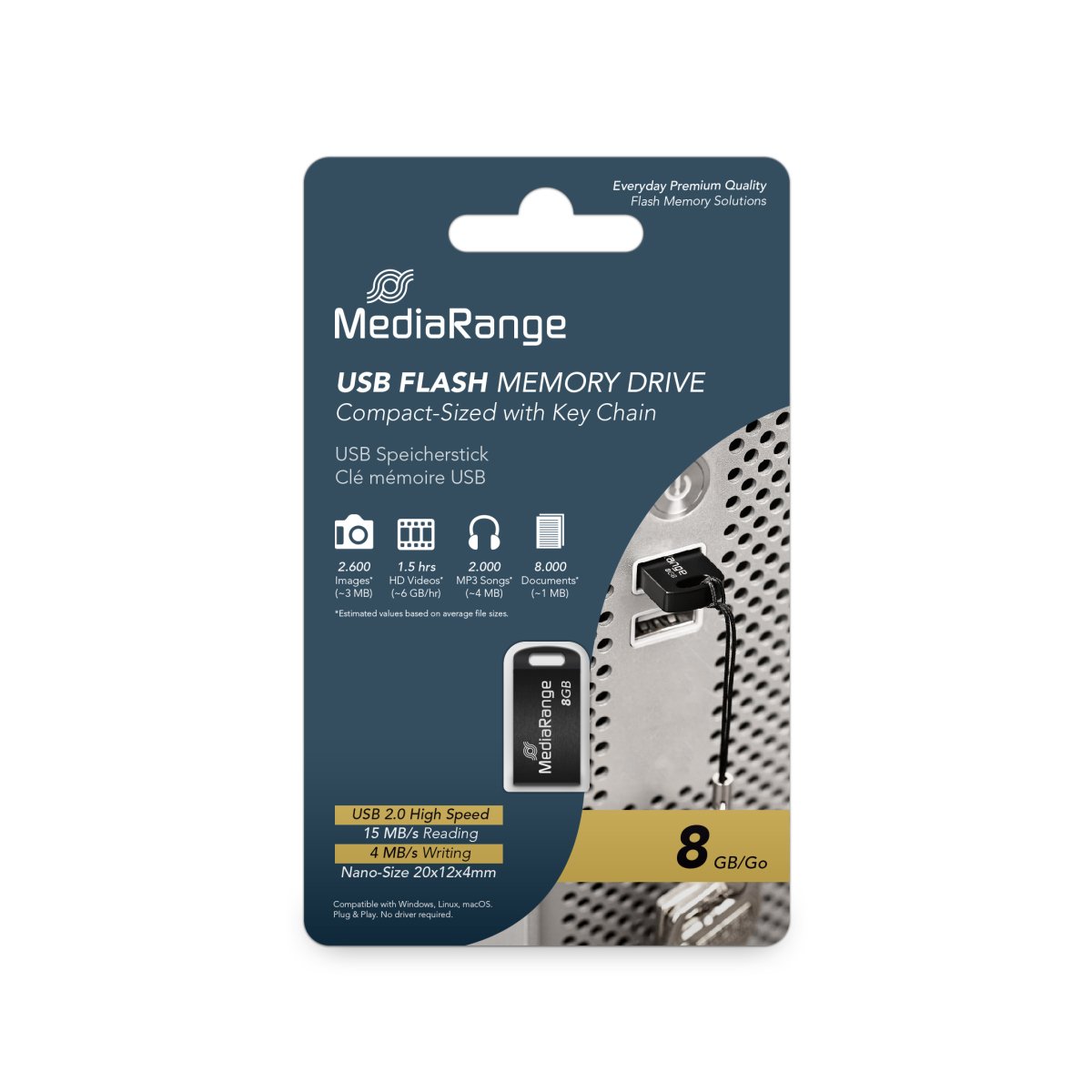 MediaRange USB 2.0 Nano Flash Memory Drive with Key Chain, Black, 8GB