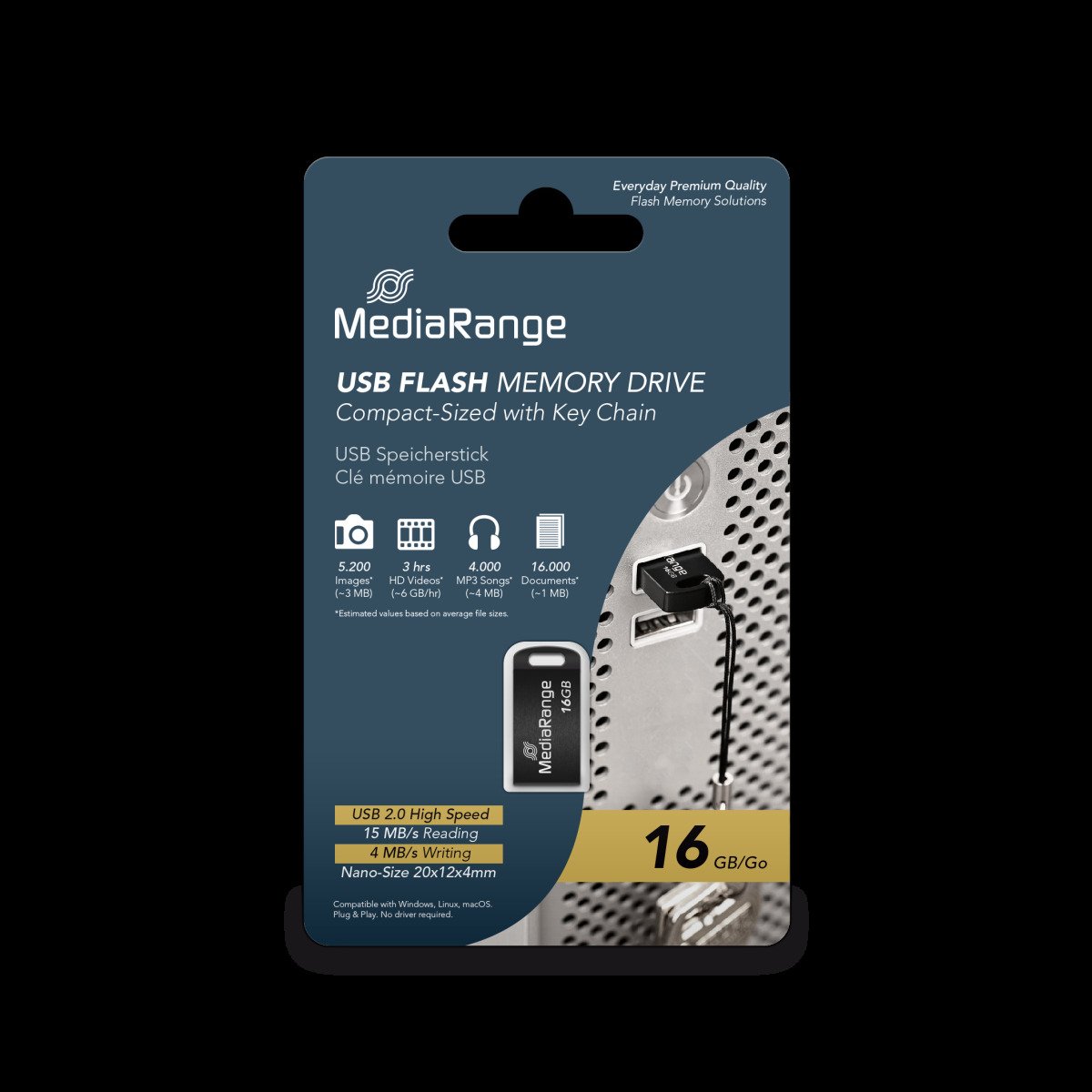 MediaRange USB 2.0 Nano Flash Memory Drive with Key Chain, Black, 8GB