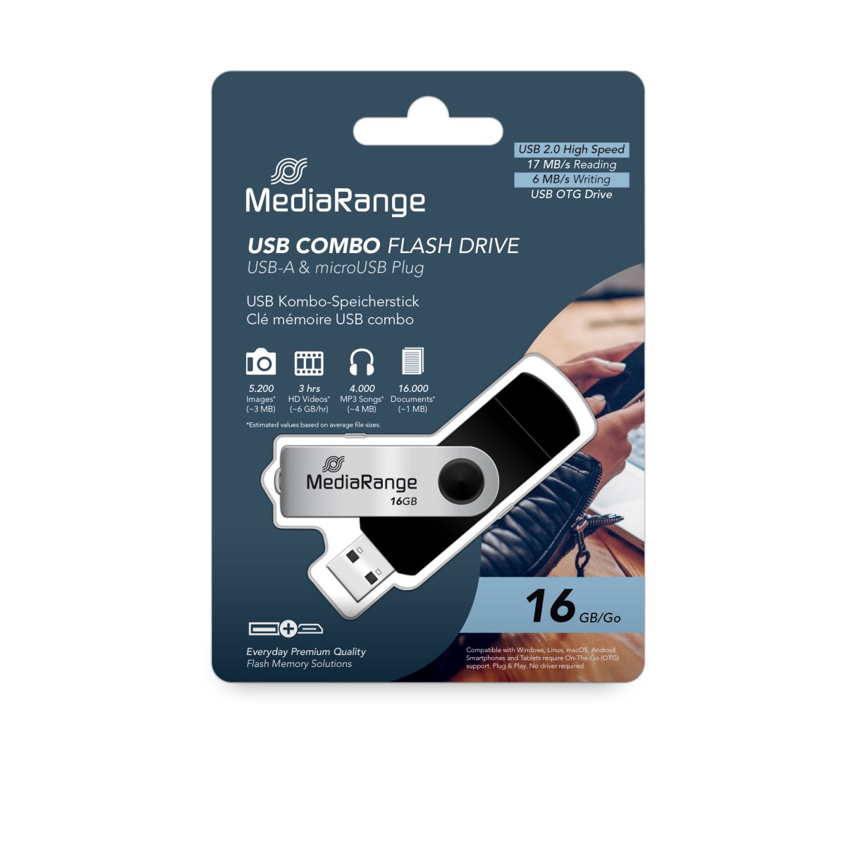 MediaRange USB combo flash drive with micro USB (OTG) plug, 16GB