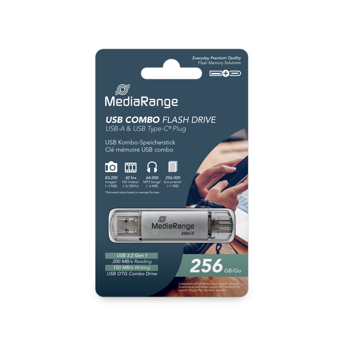 MediaRange USB 3.2 Gen 1 Combo Flash Memory Drive with USB-A and USB-C®, with Protective Caps, Silver, 256GB