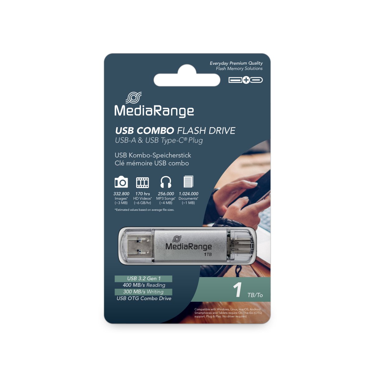 MediaRange USB 3.2 Gen 1 Combo Flash Memory Drive with USB-A and USB-C®, with Protective Caps, Silver, 1TB