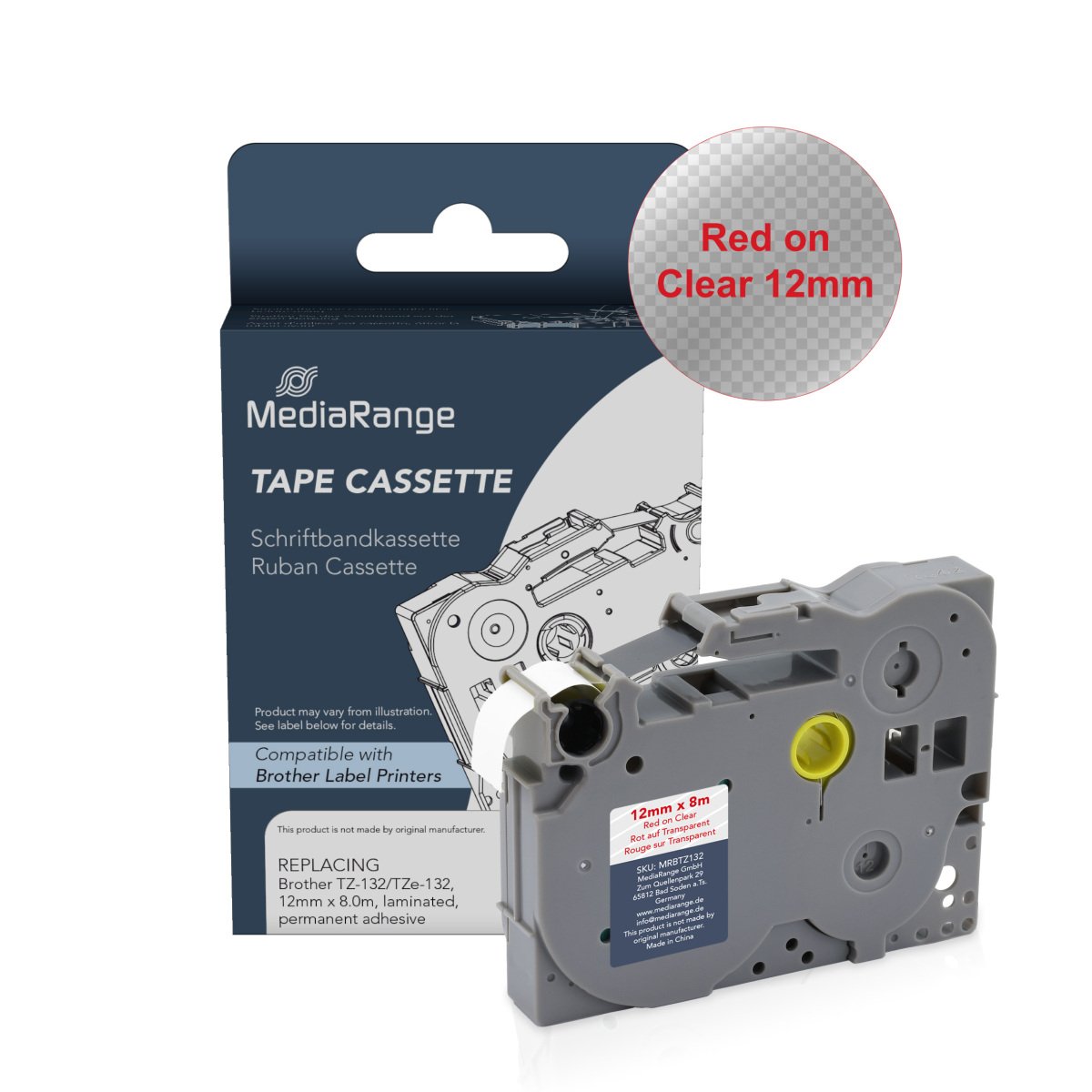 MediaRange Label Tape Cartridge, Replacing Brother TZ-132/TZe-132, 12mm, 8m, Laminated and Permanent Adhesive, Red on Clear