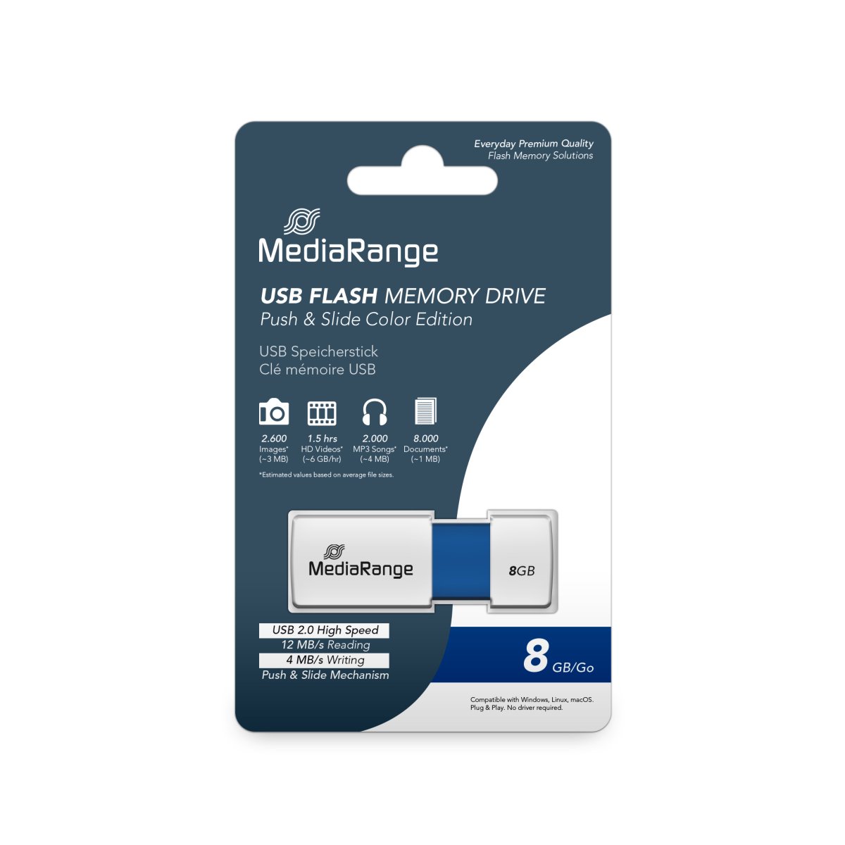 MediaRange USB 2.0 Flash Memory Drive with Sliding Mechanism, Blue/White, 8GB
