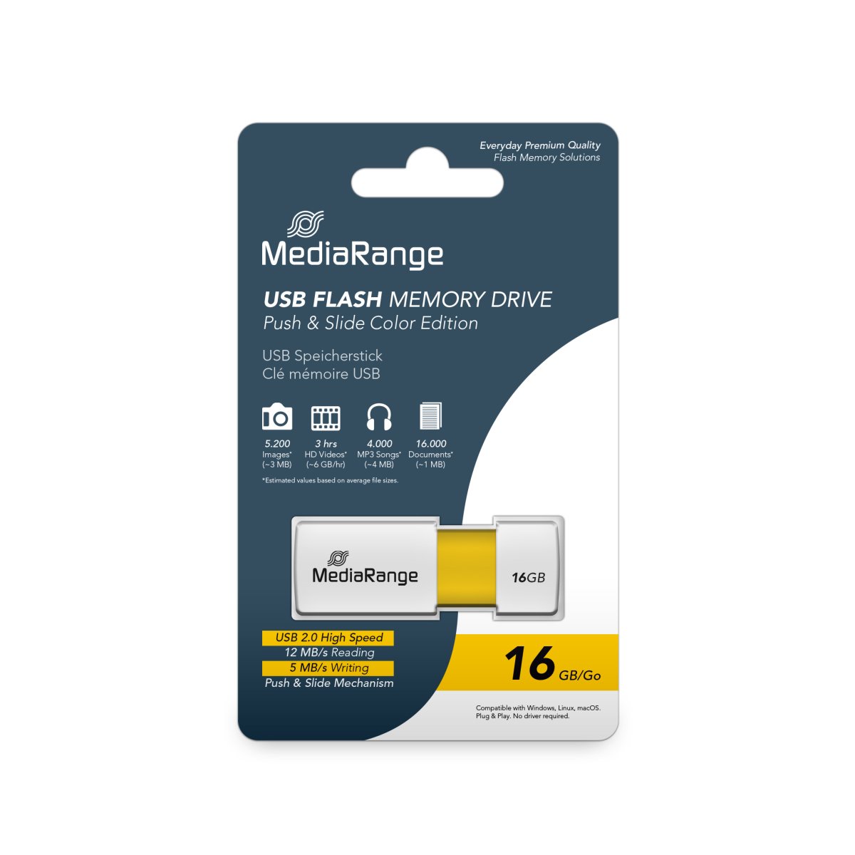 MediaRange USB 2.0 Flash Memory Drive with Sliding Mechanism, Yellow/White, 16GB