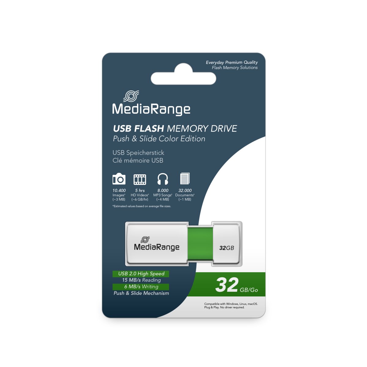 MediaRange USB 2.0 Flash Memory Drive with Sliding Mechanism, Green/White, 32GB