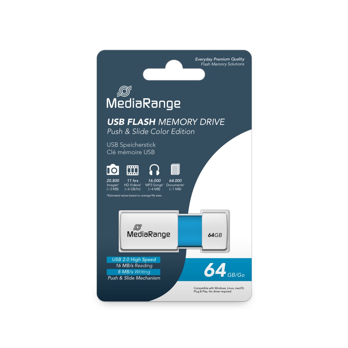 MediaRange USB 2.0 Flash Memory Drive with Sliding Mechanism, Light Blue/White, 64GB