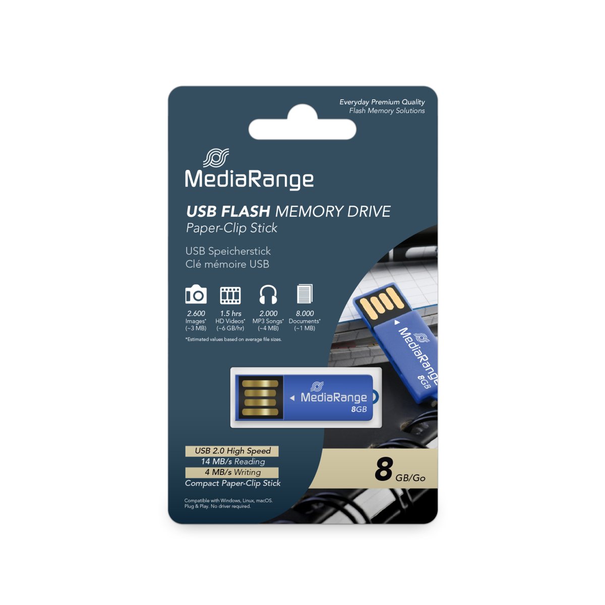 MediaRange USB 2.0 Flash Memory Drive, Paper-Clip Stick, Blue, 8GB