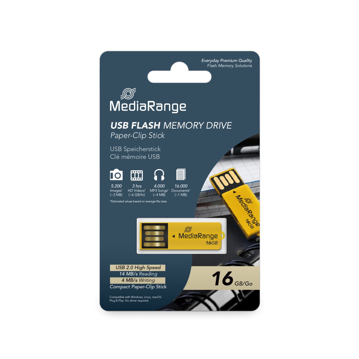 MediaRange USB 2.0 Flash Memory Drive, Paper-Clip Stick, Yellow, 16GB