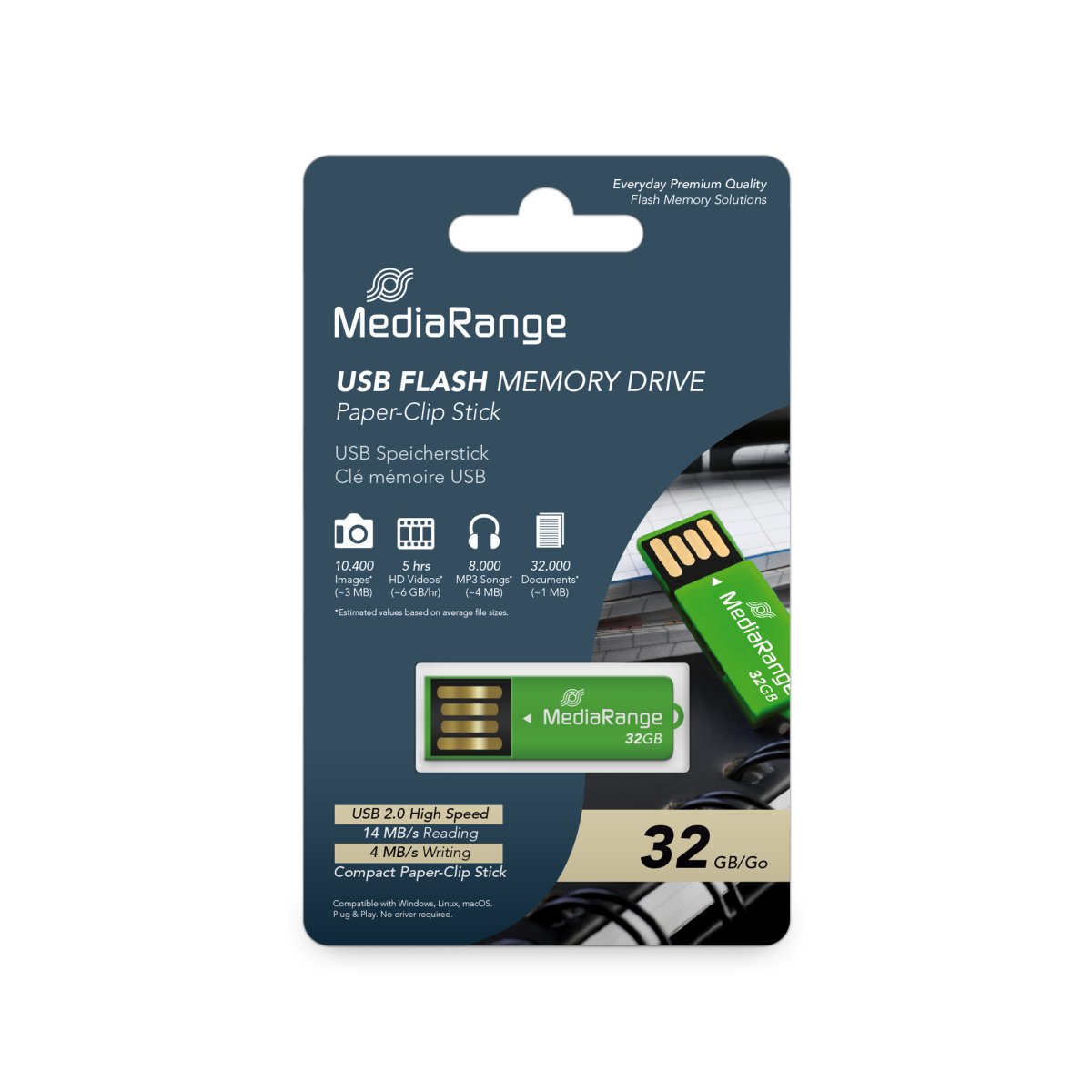 MediaRange USB 2.0 Flash Memory Drive, Paper-Clip Stick, Green, 32GB