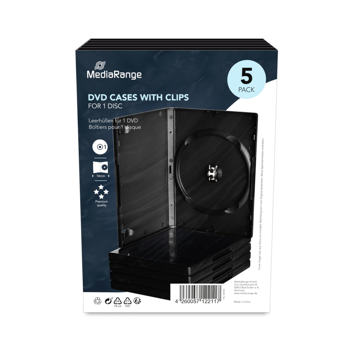 MediaRange DVD Case for 1 disc, 14mm, black, Pack 5