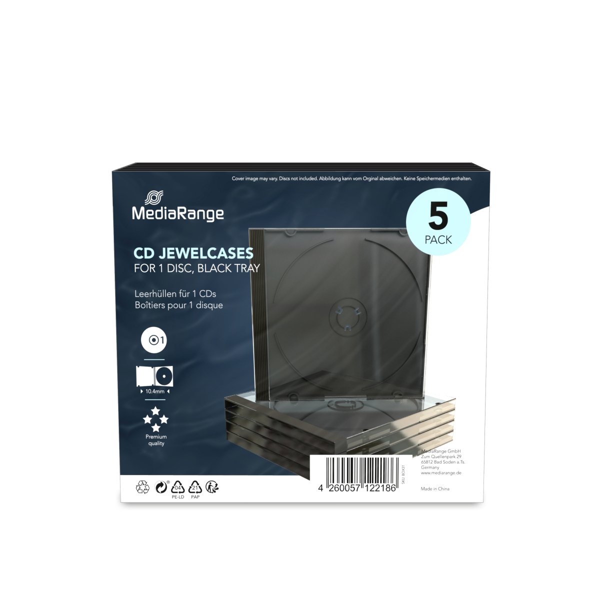 MediaRange CD Jewelcase for 1 disc, 10.4mm, black tray, Pack 5