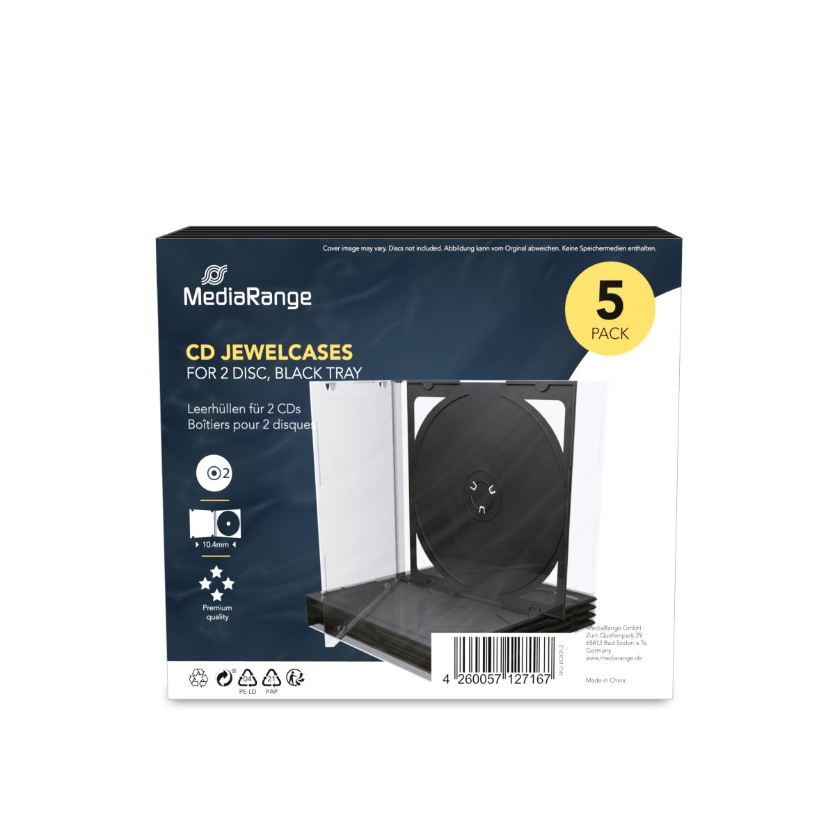MediaRange CD Jewelcase for 1 disc, 10.4mm, black tray, Pack 5