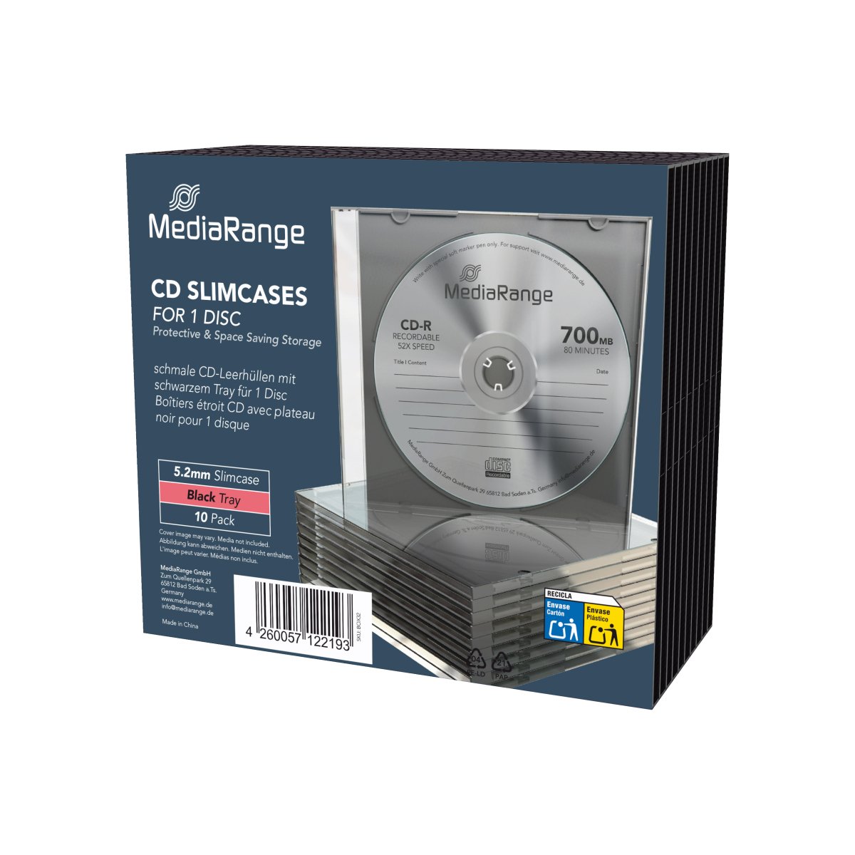 MediaRange CD Slimcase for 1 disc, 5.2mm, black tray, Pack 10