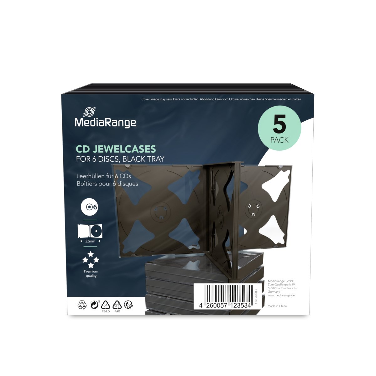 MediaRange CD Jewelcase for 6 discs, 22mm, black tray, Pack 5