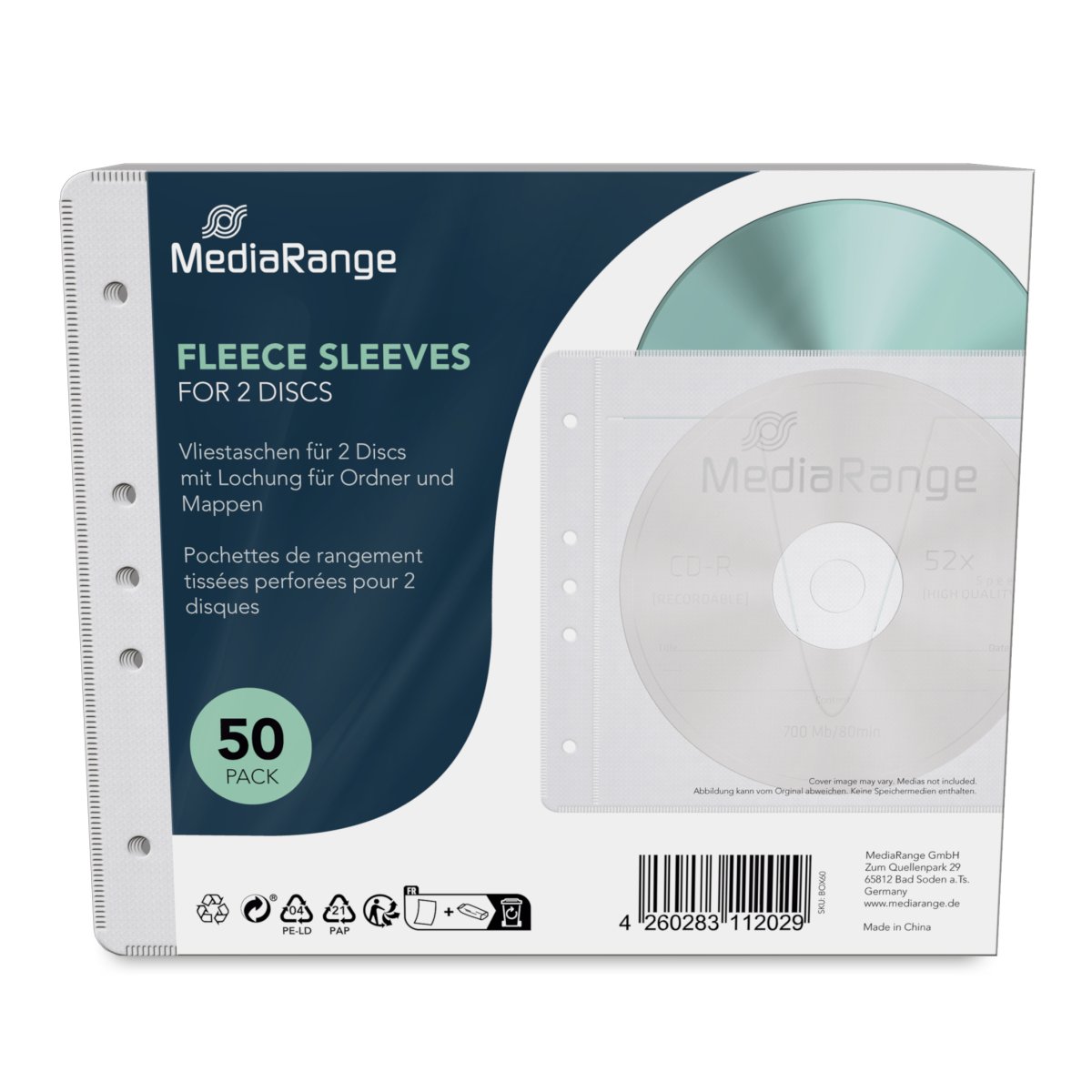 MediaRange Fleece sleeves for 2 discs, for standard binders and files, white, 50 pack