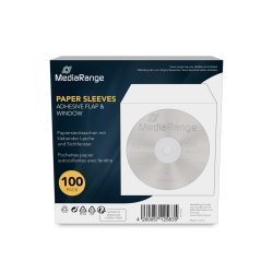 MediaRange Paper sleeves with adhesive flap and window, white, 100 pack