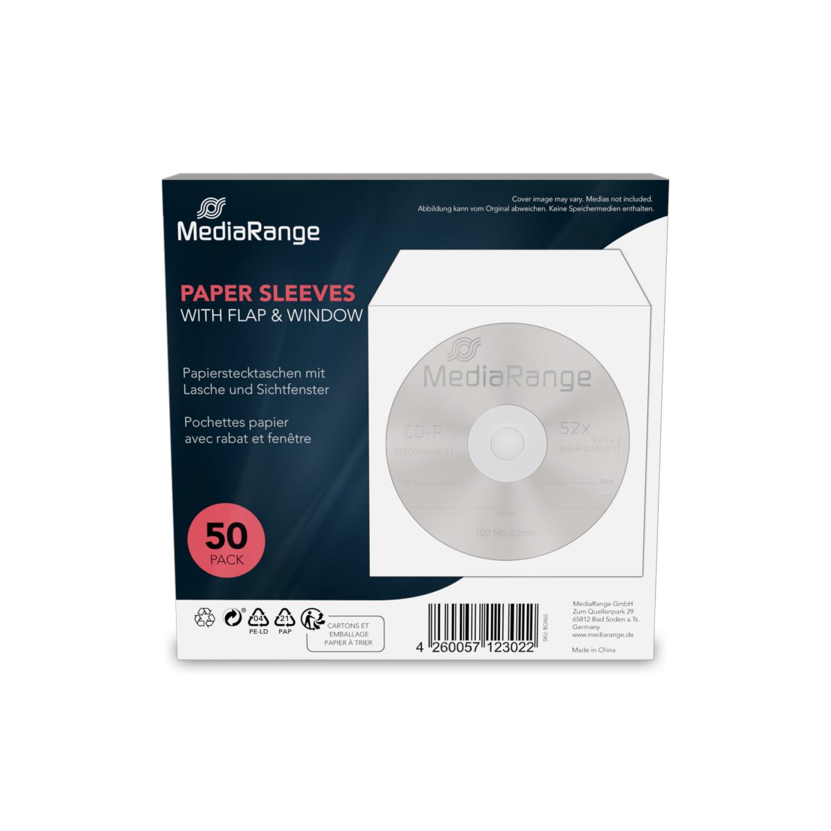 MediaRange Paper sleeves with flap and window, white, 50 pack