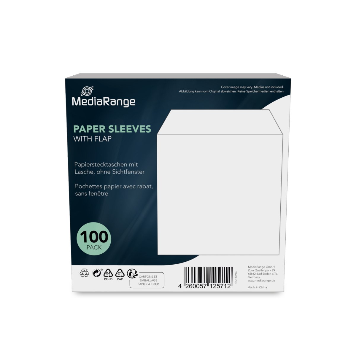 MediaRange Paper sleeves with flap, without window, white, 100 pack