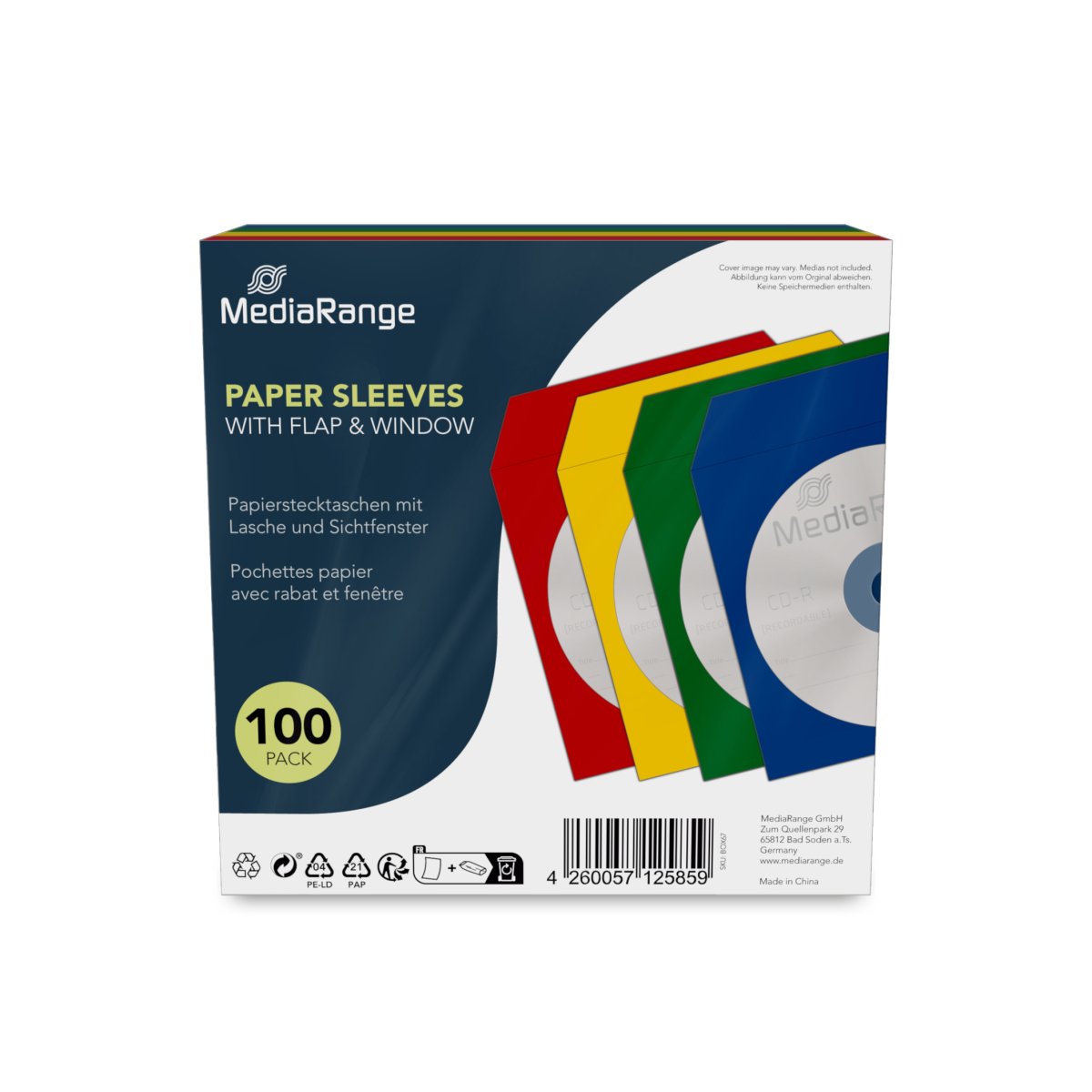 MediaRange Paper sleeves with flap and window, assorted colors, 100 pack