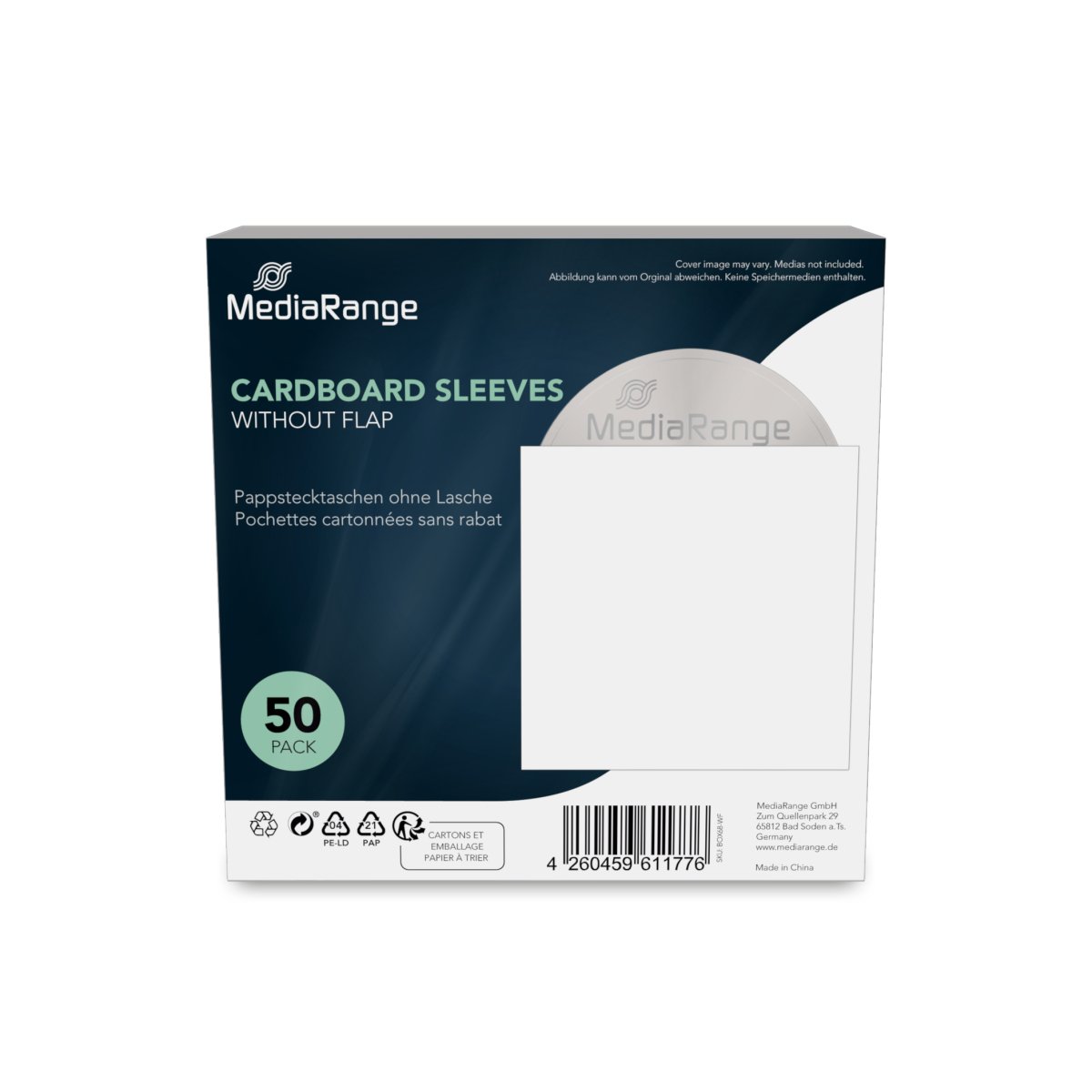 MediaRange Cardboard sleeves without flap and window, white, 50 pack