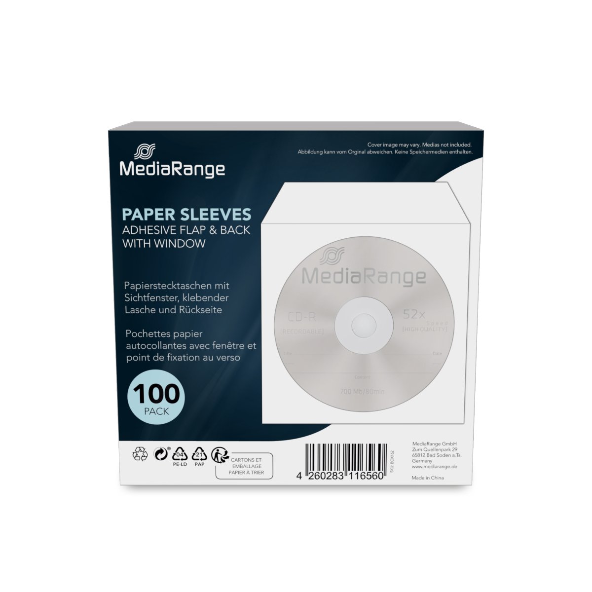 MediaRange Adhesive-backed paper sleeves with adhesive flap and window, white, 100 pack