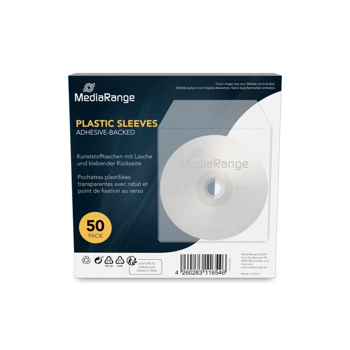 MediaRange Adhesive-backed plastic sleeves with flap, transparent, 50 pack