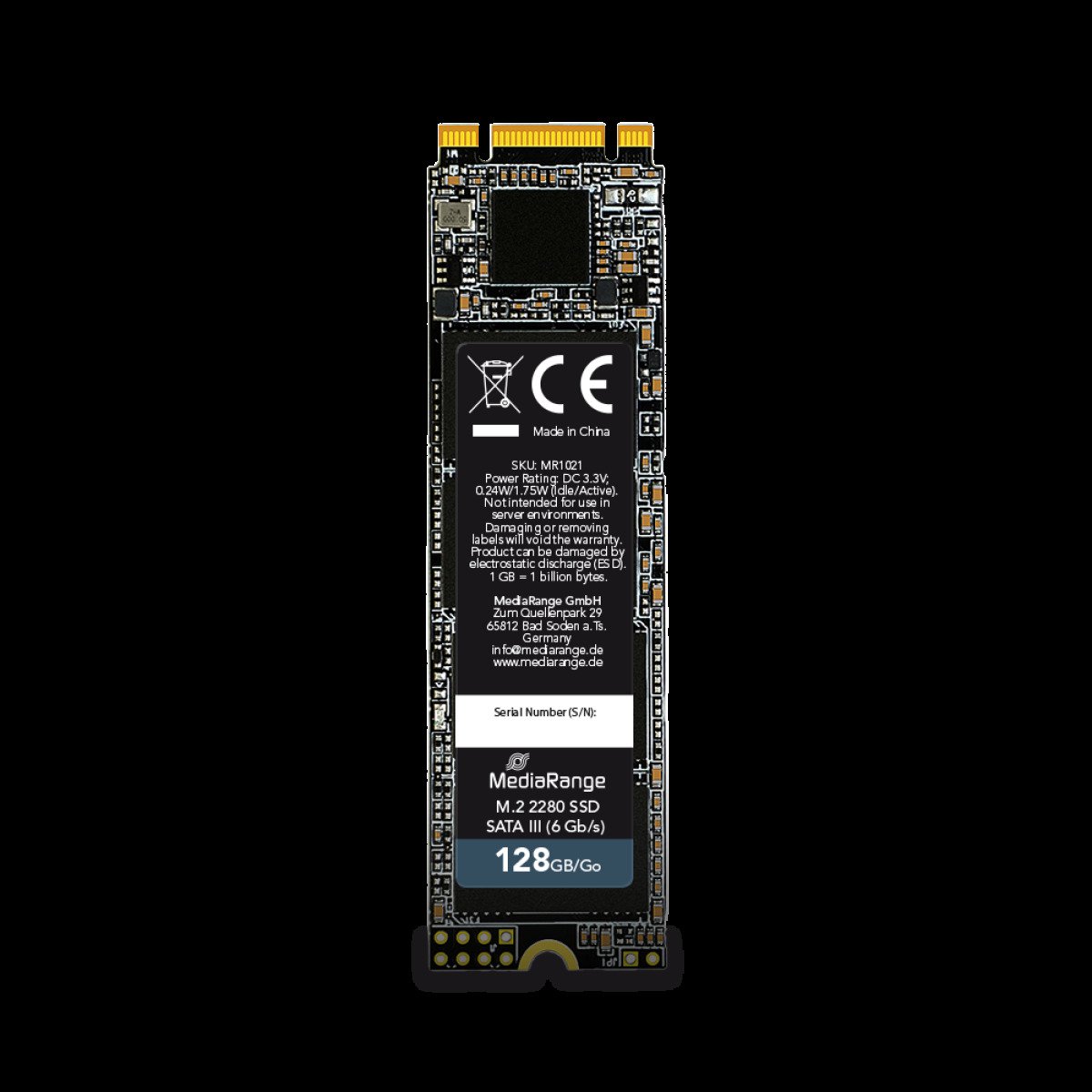 MediaRange Internal M.2 2280 solid state drive, SATA 6 Gb/s, 128GB, black