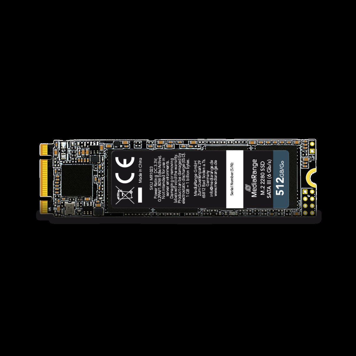 MediaRange Internal M.2 2280 solid state drive, SATA 6 Gb/s, 512GB, black
