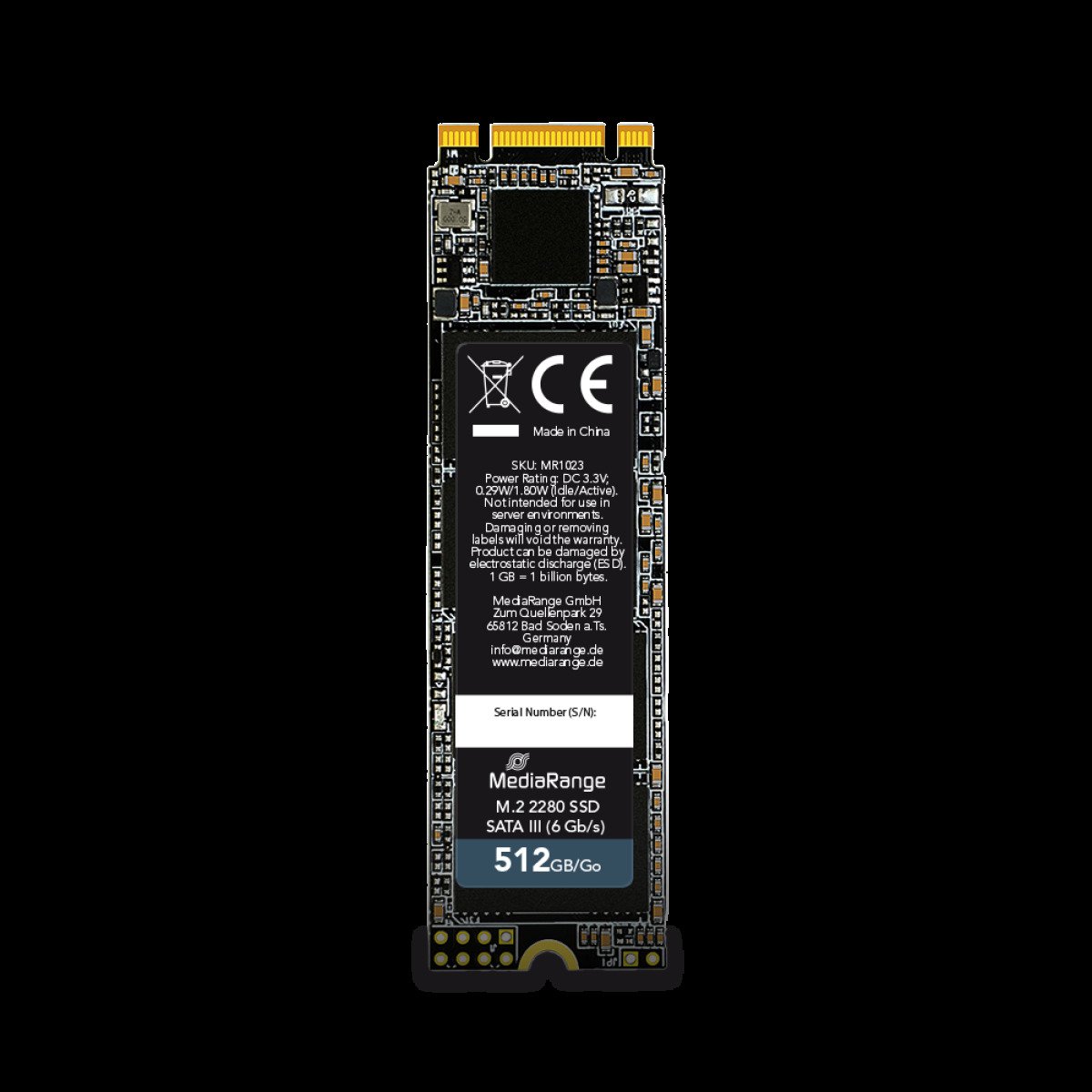 MediaRange Internal M.2 2280 solid state drive, SATA 6 Gb/s, 512GB, black