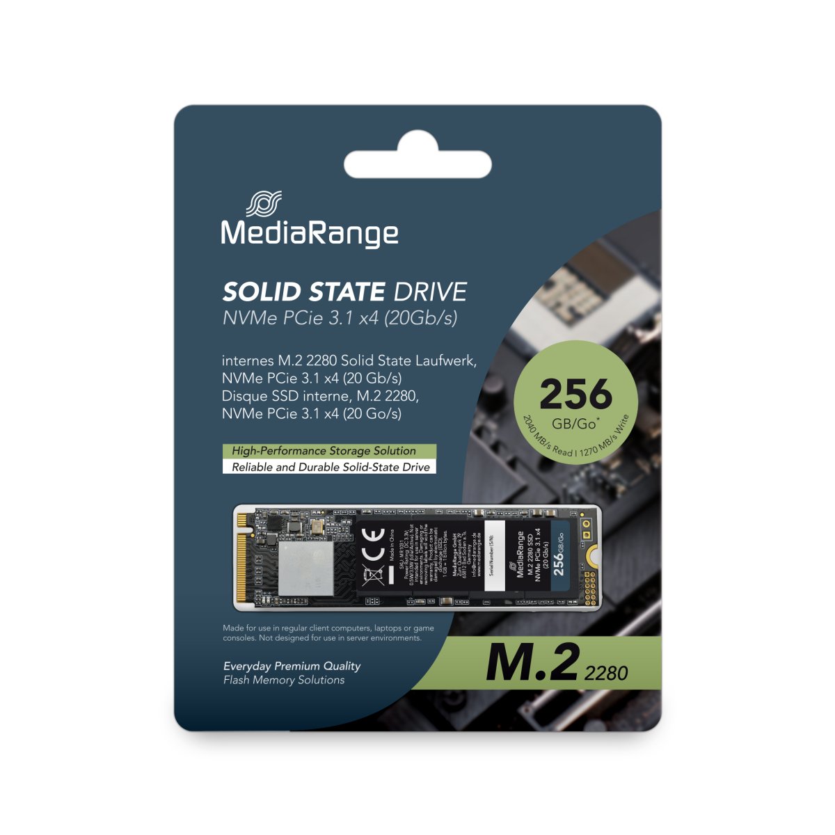 MediaRange Internal M.2 2280 solid state drive, NVMe PCIe 3.1 x4 20 Gb/s, 256GB, black