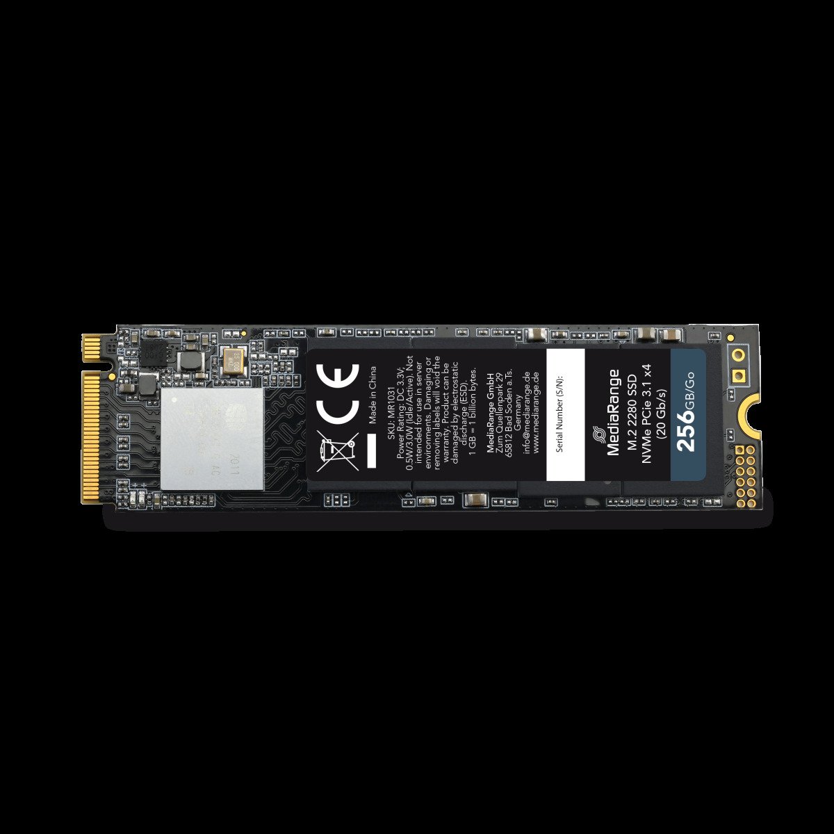 MediaRange Internal M.2 2280 solid state drive, NVMe PCIe 3.1 x4 20 Gb/s, 256GB, black