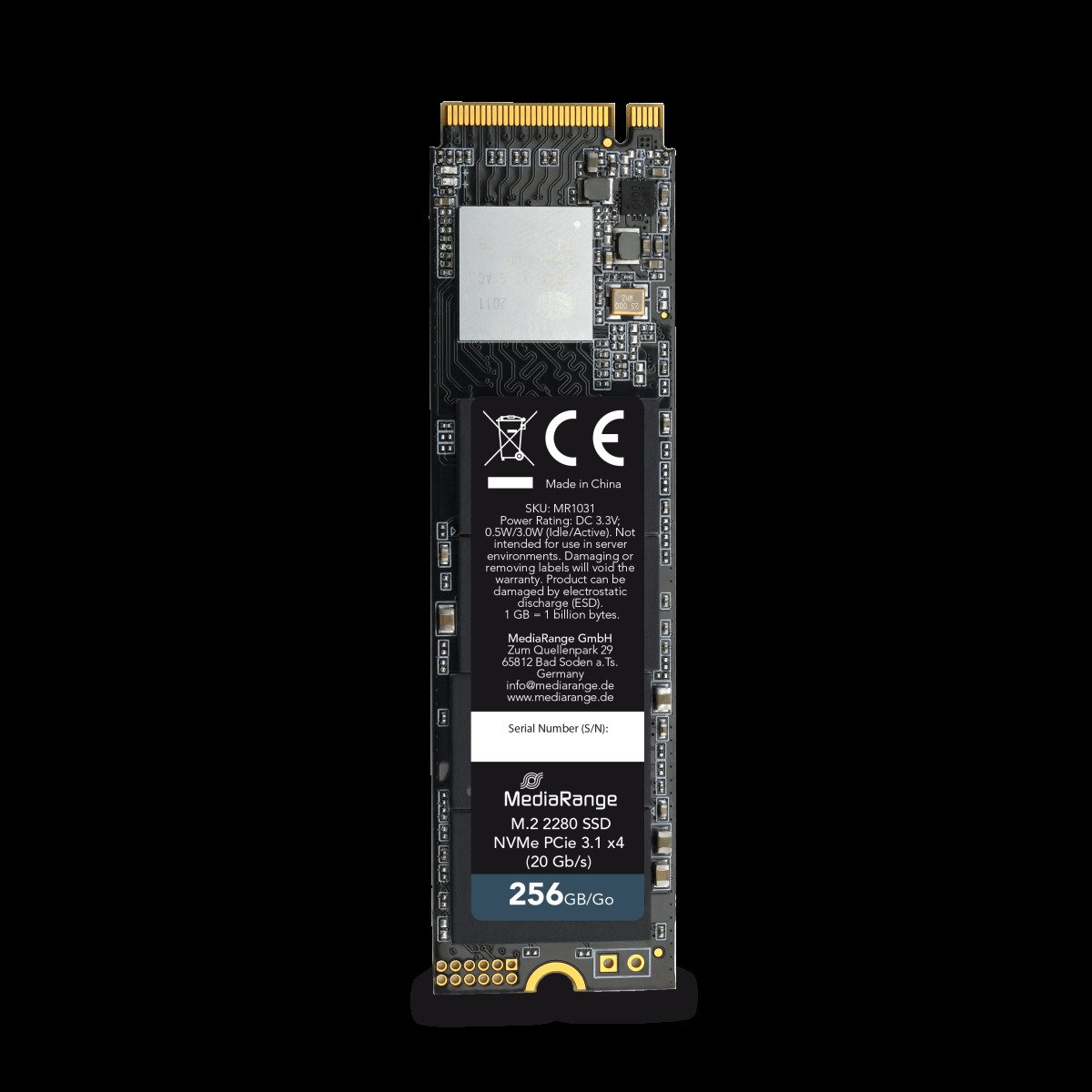 MediaRange Internal M.2 2280 solid state drive, NVMe PCIe 3.1 x4 20 Gb/s, 256GB, black