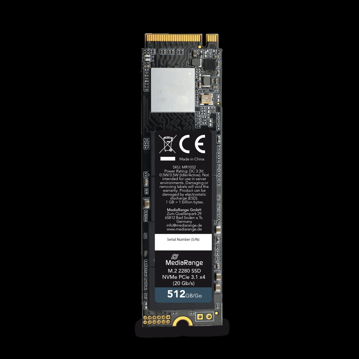 MediaRange Internal M.2 2280 solid state drive, NVMe PCIe 3.1 x4 20 Gb/s, 512GB, black