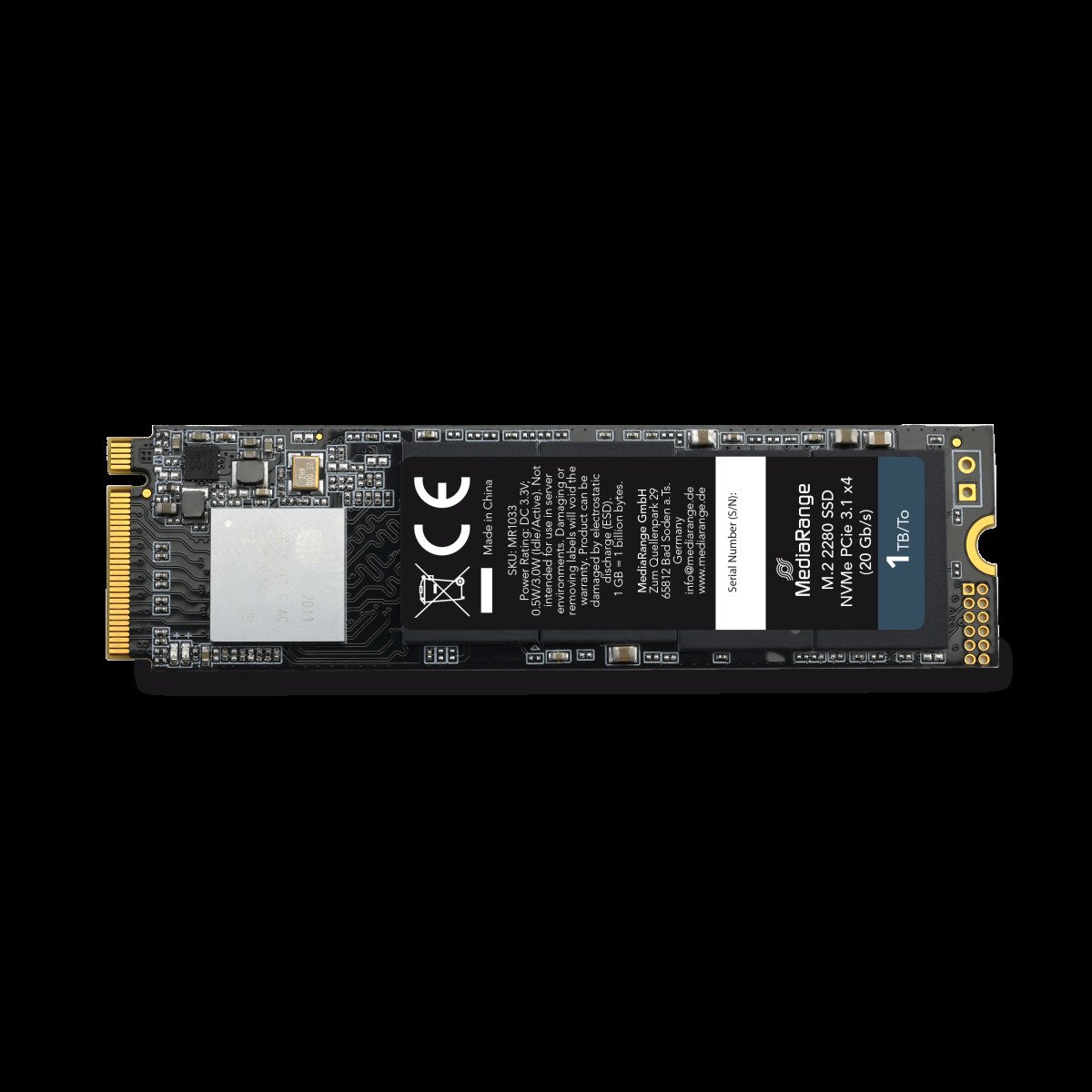 MediaRange Internal M.2 2280 solid state drive, NVMe PCIe 3.1 x4 20 Gb/s, 1TB, black