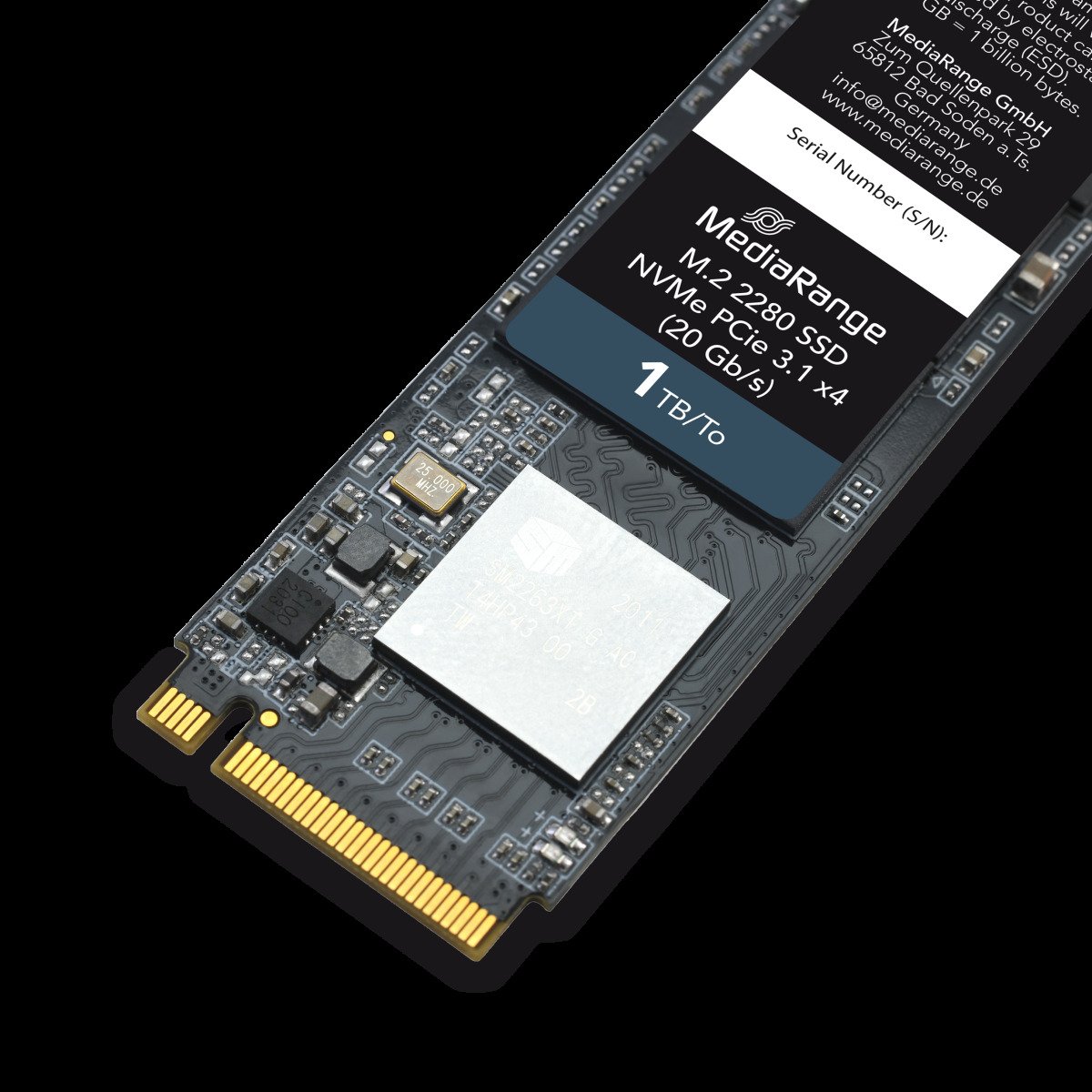 MediaRange Internal M.2 2280 solid state drive, NVMe PCIe 3.1 x4 20 Gb/s, 1TB, black