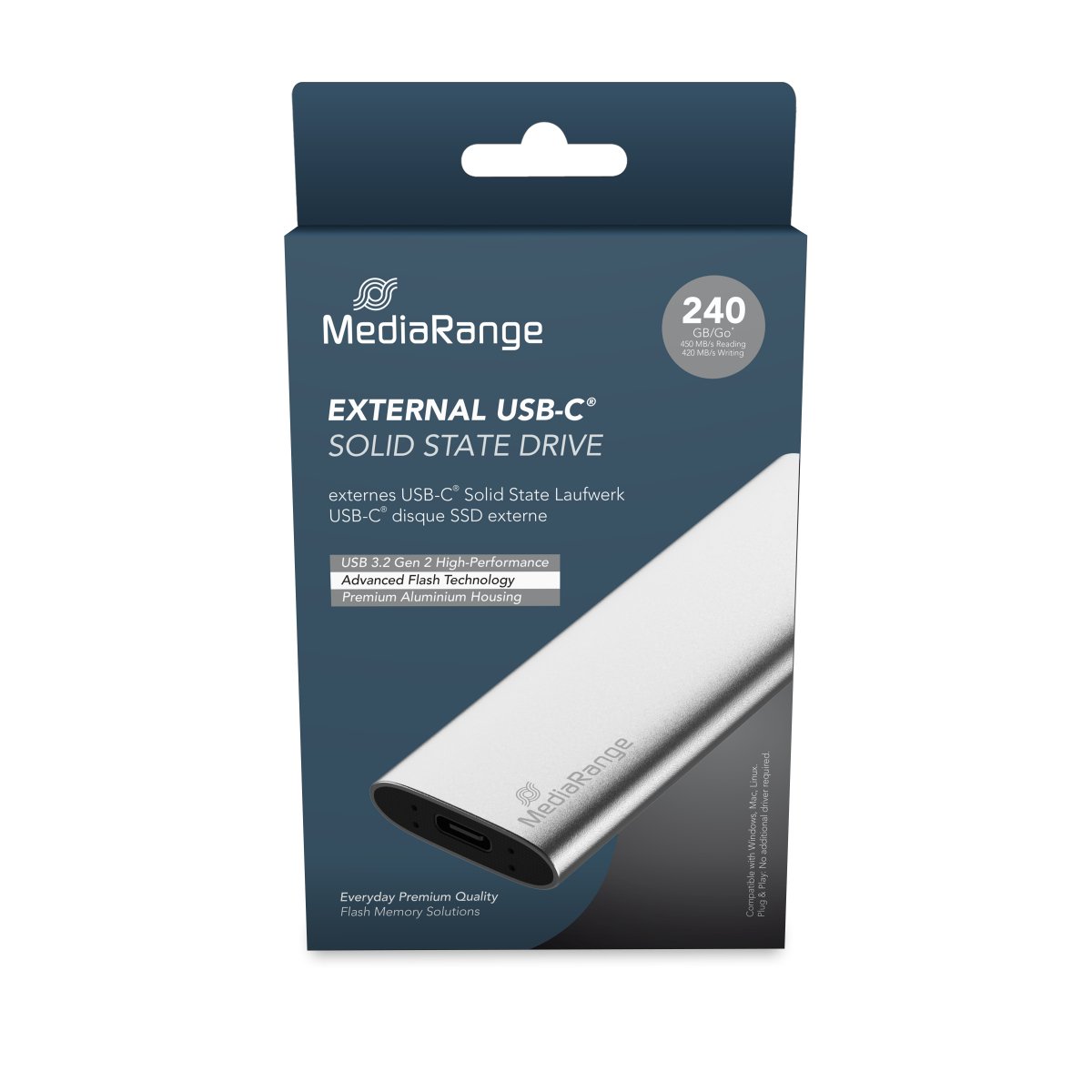 MediaRange External USB Type-C® solid state drive, 240GB, silver