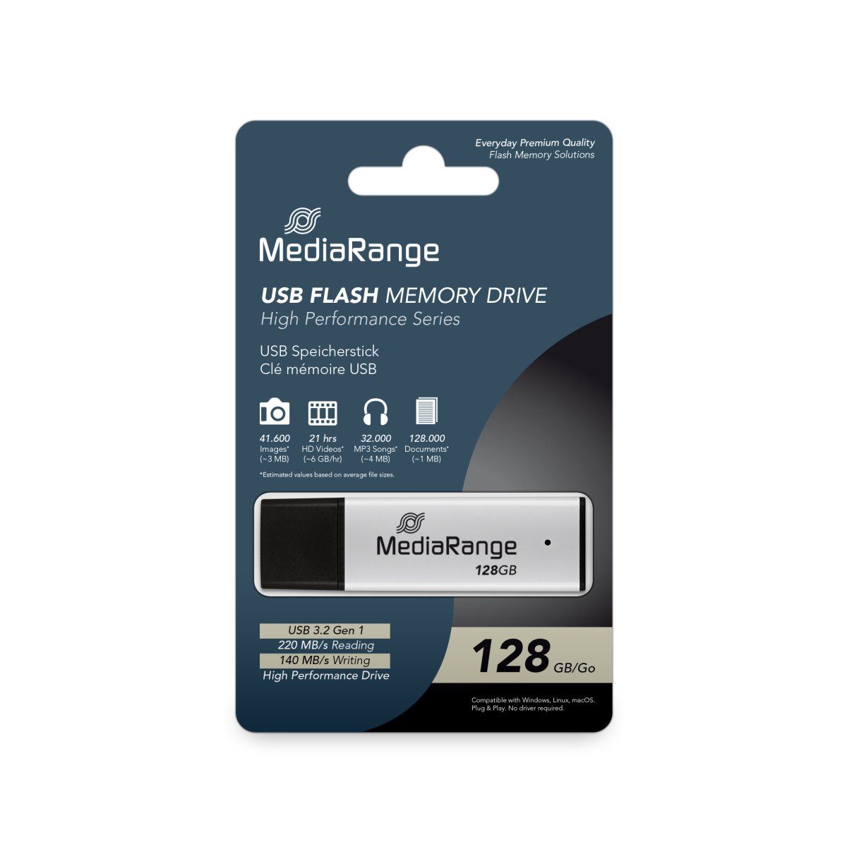MediaRange USB 3.2 Gen 1 High Performance Flash Memory Drive, Housing with Protective Cap, Silver/Black, 128GB