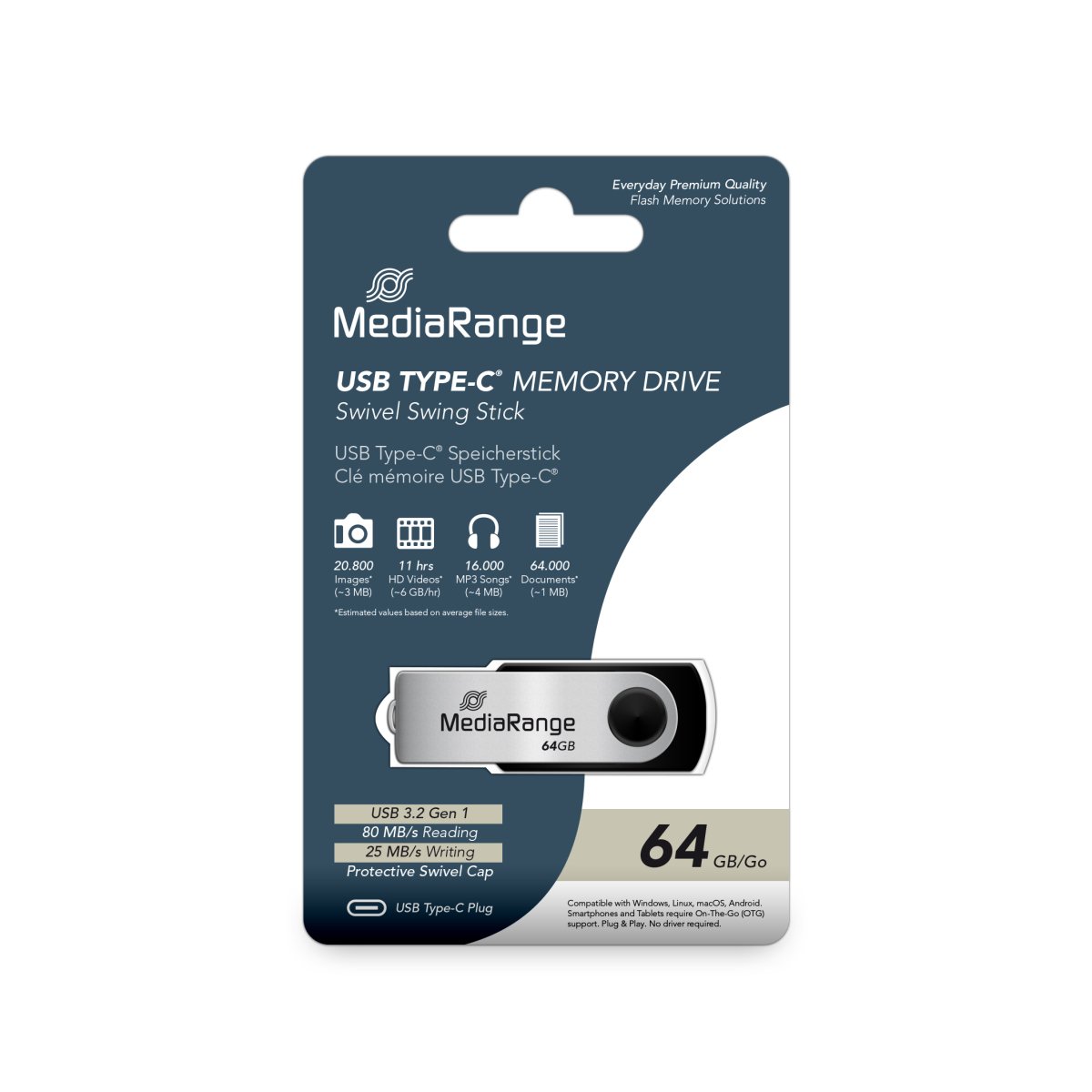 MediaRange USB Type-C® 3.2 Gen 1 Flash Memory Drive, Swivel Housing, Silver/Black, 64GB