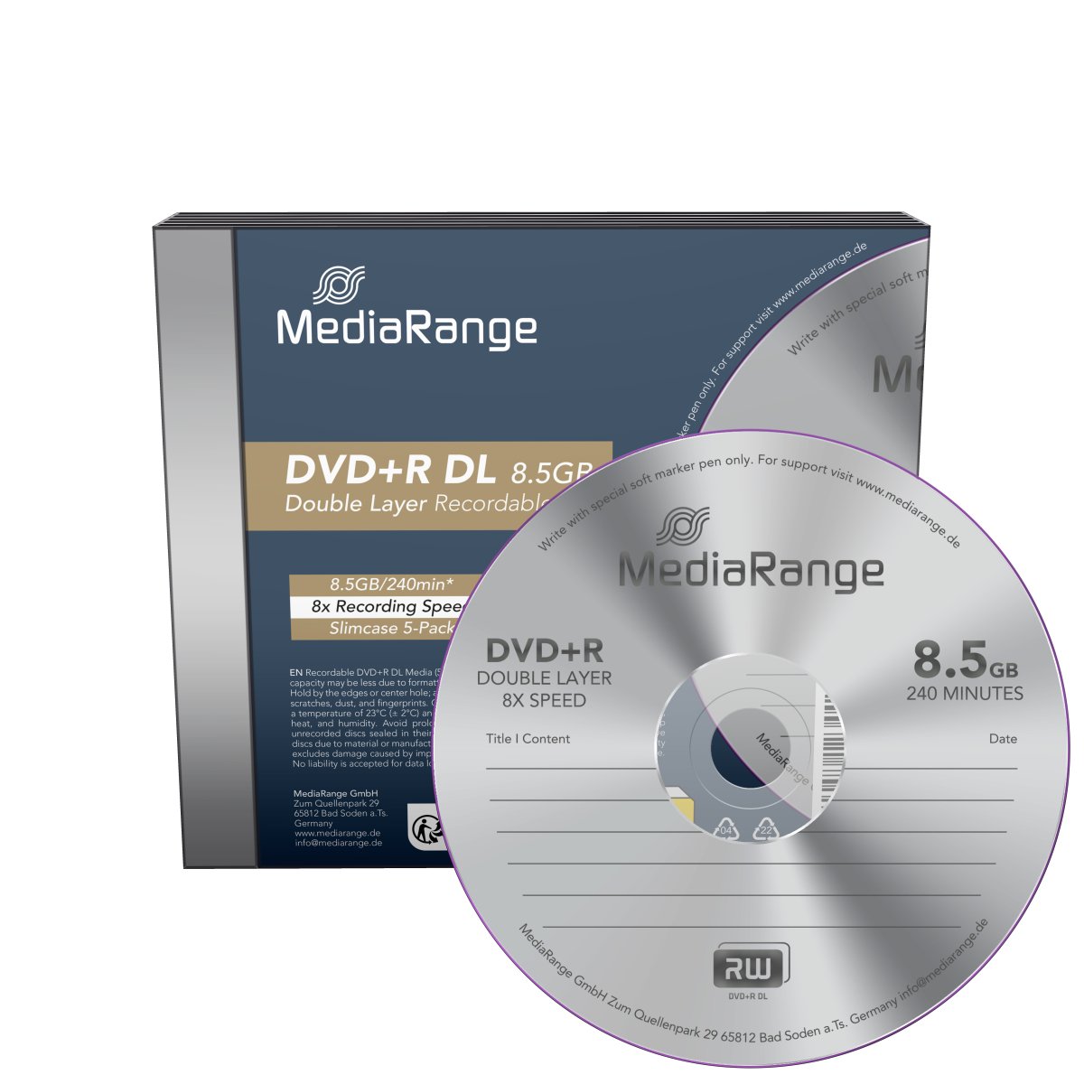 MediaRange DVD+R Double Layer 8.5GB I 240min, 8x speed, 5-Pack in Slimcases