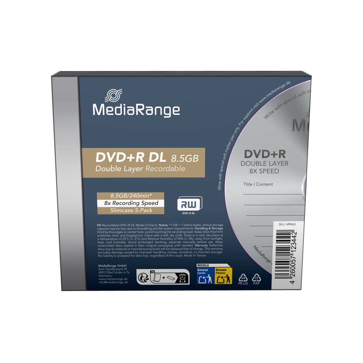 MediaRange DVD+R Double Layer 8.5GB I 240min, 8x speed, 5-Pack in Slimcases