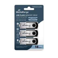 MediaRange USB 2.0 Flash Memory Drive, Swivel Housing, Silver/Black, 16GB, 3-Pack