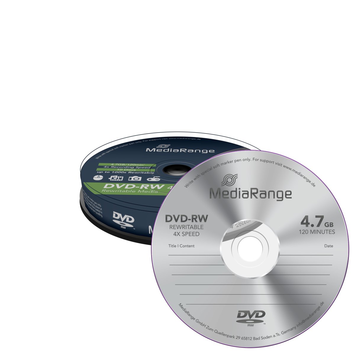 MediaRange Rewritable DVD-RW 4.7GB I 120min, 4x Speed, Cake 10