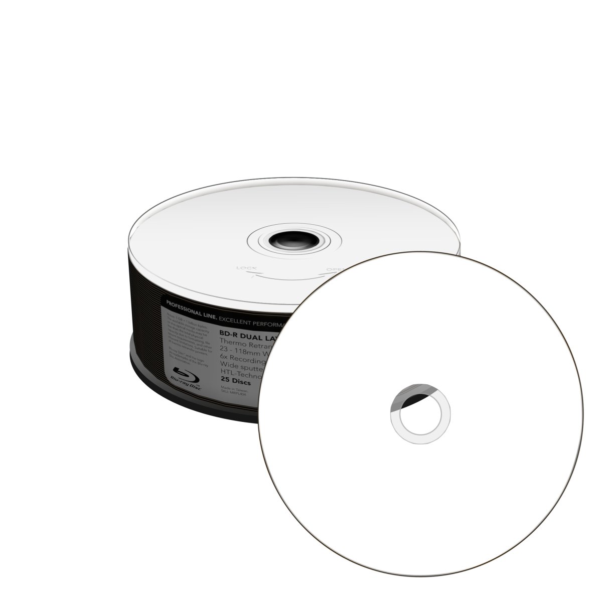 Professional Line BD-R Dual Layer 50GB, 6x speed, thermo retransfer fullsurface printable, Proselect white, wide sputtered, Cake 25