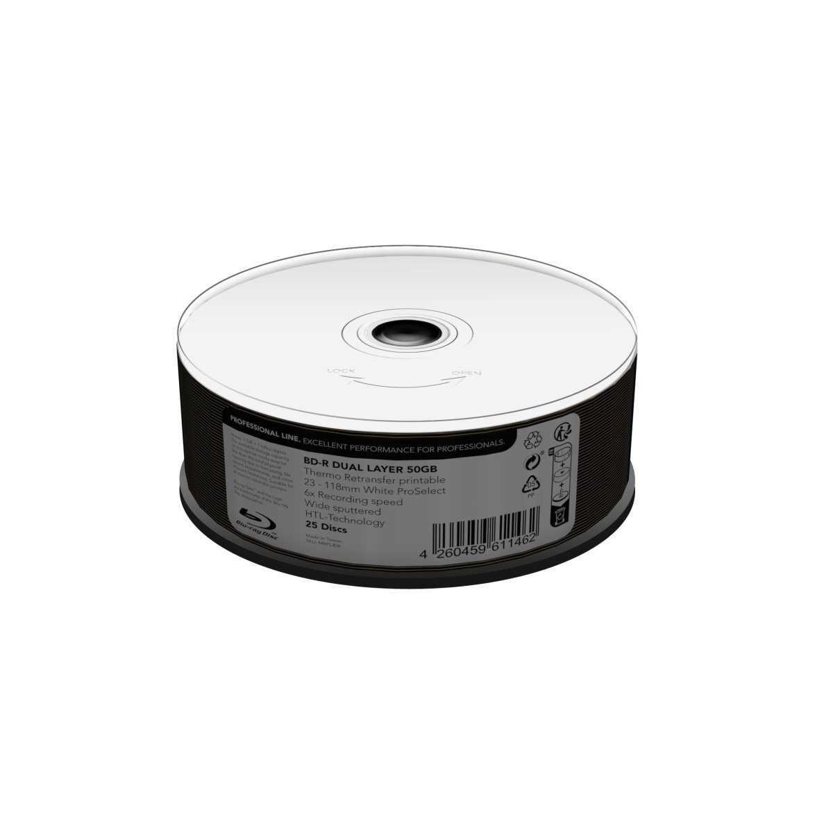 Professional Line BD-R Dual Layer 50GB, 6x speed, thermo retransfer fullsurface printable, Proselect white, wide sputtered, Cake 25