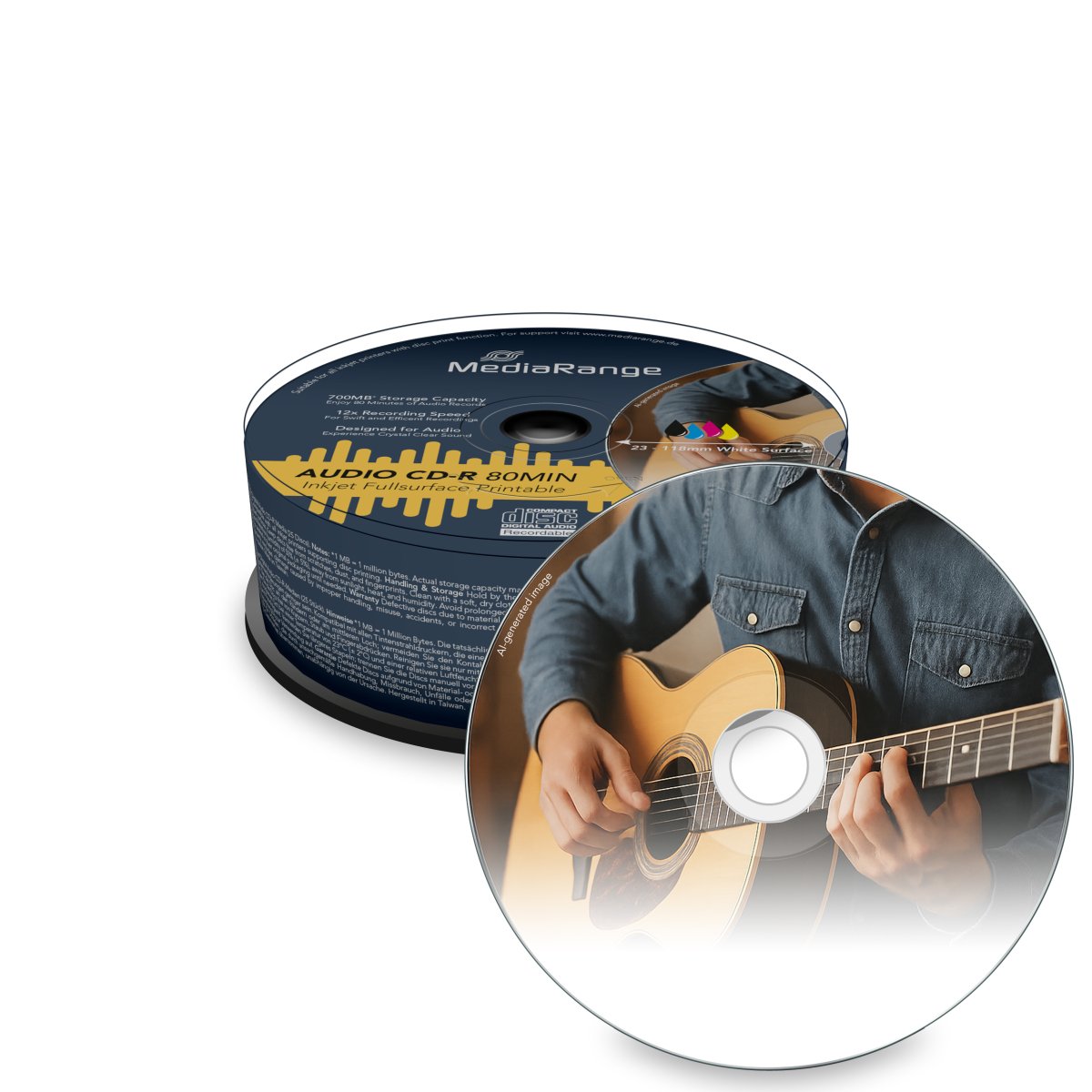MediaRange Audio CD-R 700MB|80min 12x speed, inkjet fullsurface printable, Cake 25