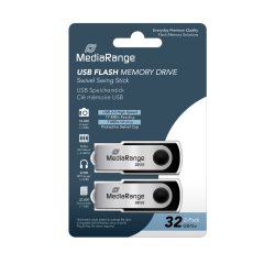 MediaRange USB 2.0 Flash Memory Drive, Swivel Housing, Silver/Black, 32GB, 2-Pack