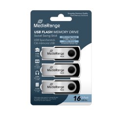 MediaRange USB 2.0 Flash Memory Drive, Swivel Housing, Silver/Black, 16GB, 3-Pack